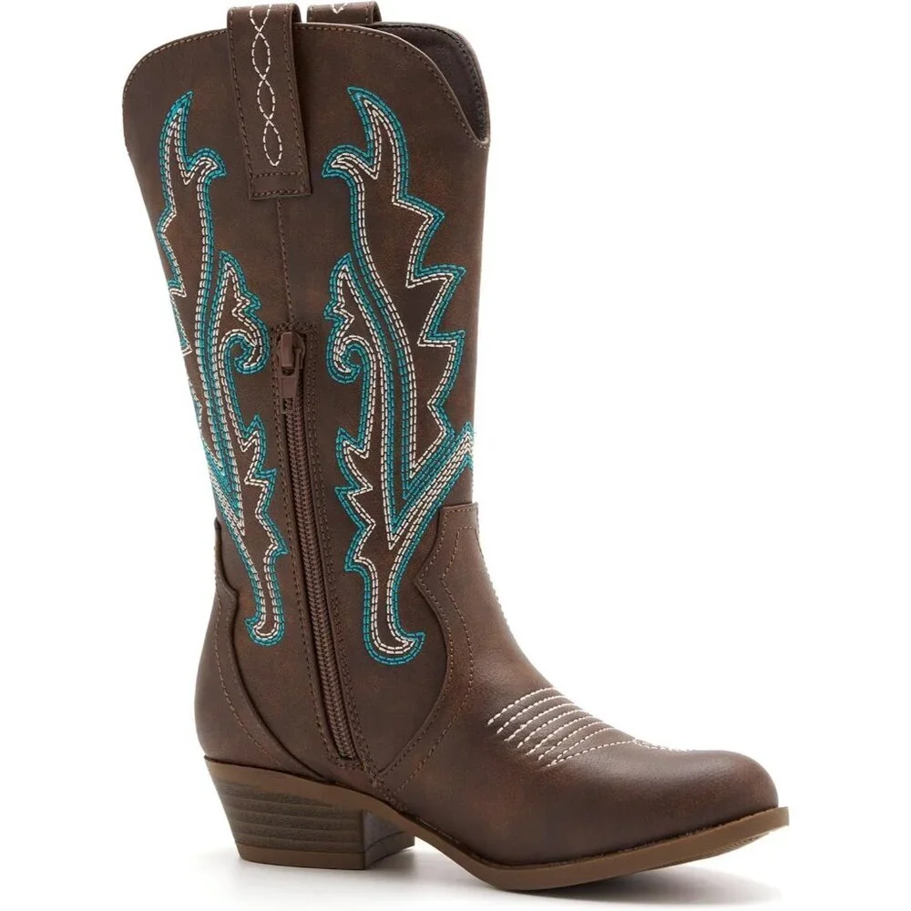 ⚡Girls Brown Kids Western Boots Embroidered Cowgirl Boots Riding Shoes Mid Calf